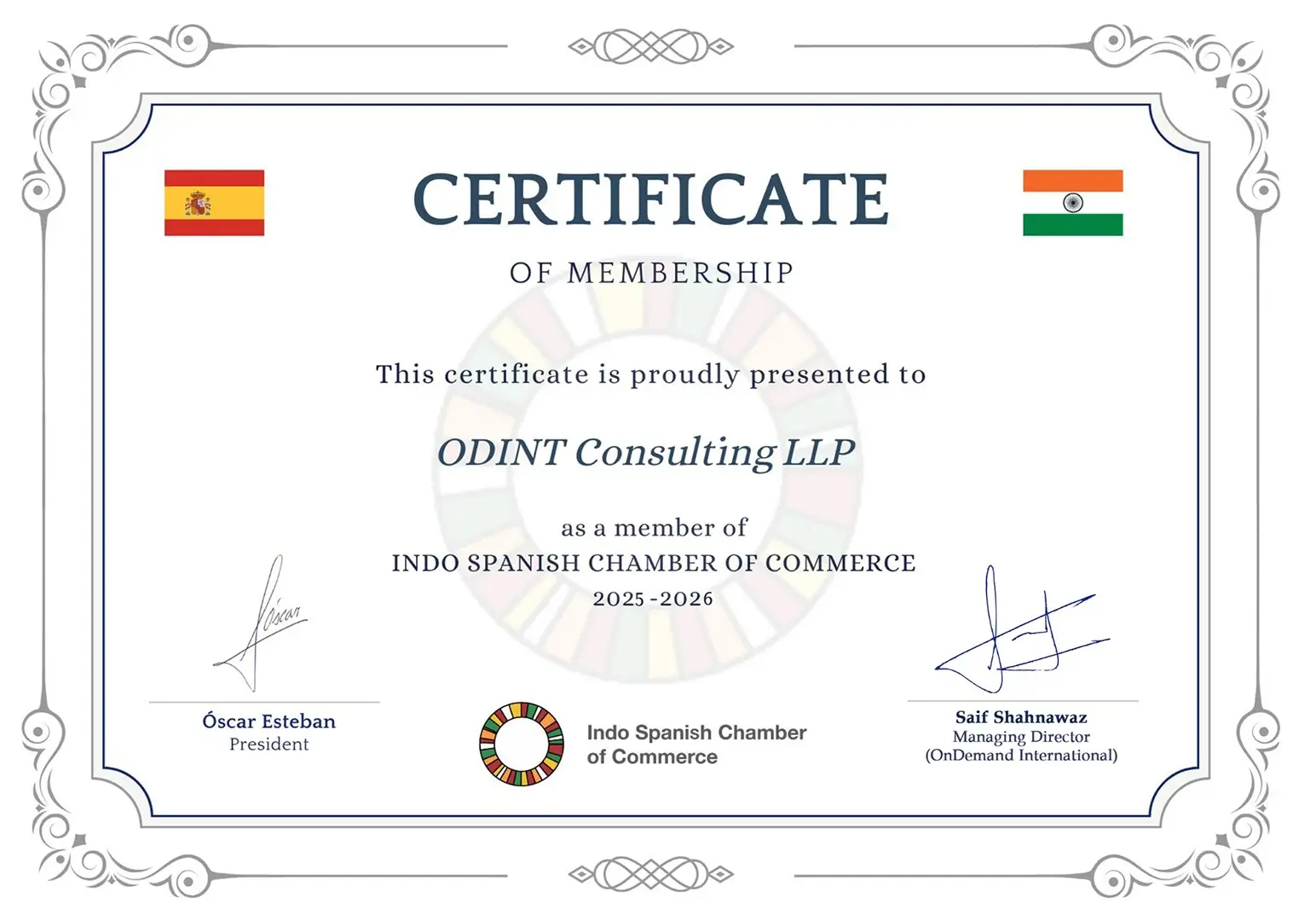 Indo-Spanish Chamber of Commerce – Certificate of Membership for ODINT Consulting LLP