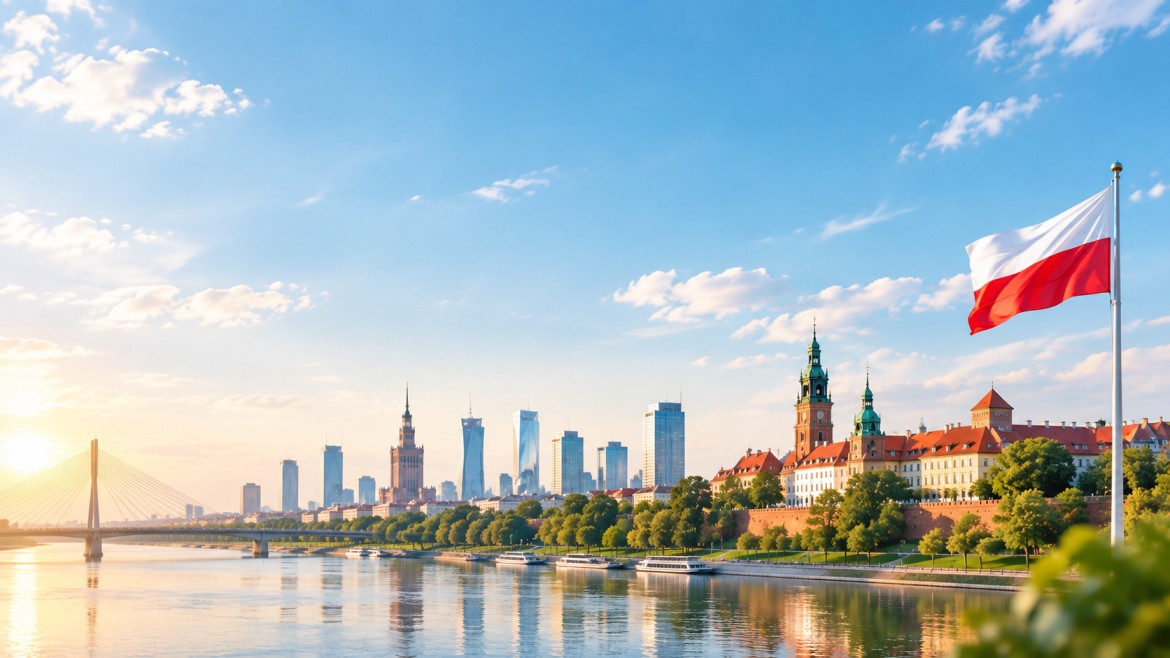 Warsaw skyline along the Vistula river with the Polish flag